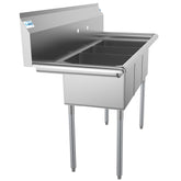 51 in. Three Compartment Stainless Steel Commercial Sink with Drainboard, Bowl Size 12"x 16"x 10" SC121610-12L3.